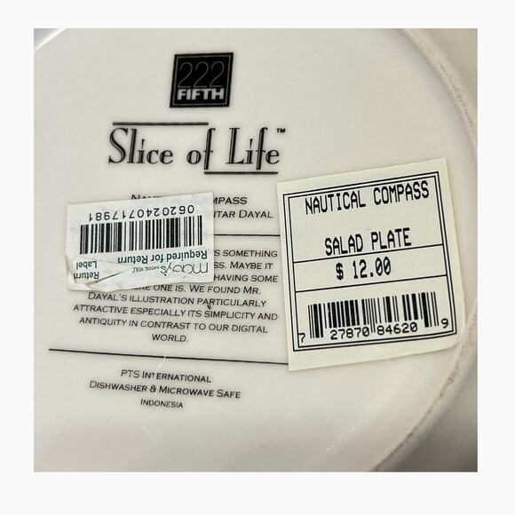 222 Fifth Slice Of Life Nautical Compass Salad Plate Decorative Black White - Picture 3 of 7